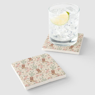 Retro Boho Western Cactus & Floral Cowboy Boot Stone Coaster