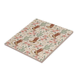 Retro Boho Western Cactus & Floral Cowboy Boot Tile