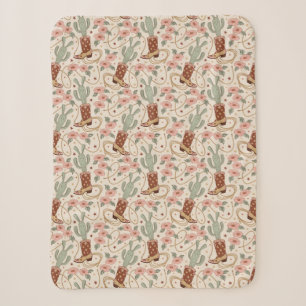 Retro Boho Western Desert Cactus & Floral Pattern Sherpa Blanket