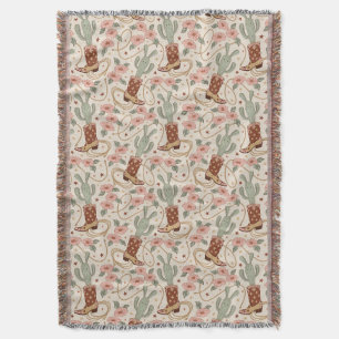 Retro Boho Western Desert Cactus & Floral Pattern Throw Blanket