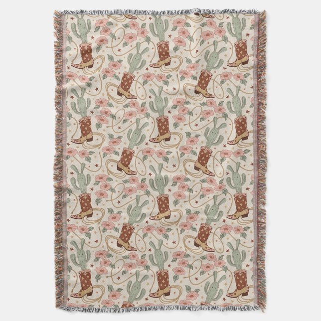 Retro Boho Western Desert Cactus & Floral Pattern Throw Blanket (Front Vertical)