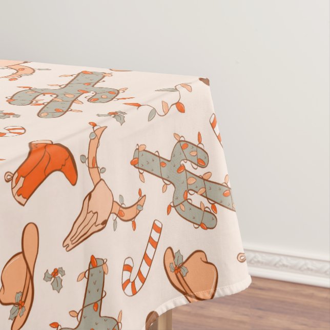 Retro Boho Western Desert Cactus Pattern Christmas Tablecloth (In Situ)