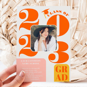 Retro bold 2023 pink orange 5 photos graduation invitation