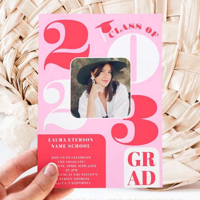Retro bold 2023 pink red 5 photos graduation invitation (Creator Uploaded)