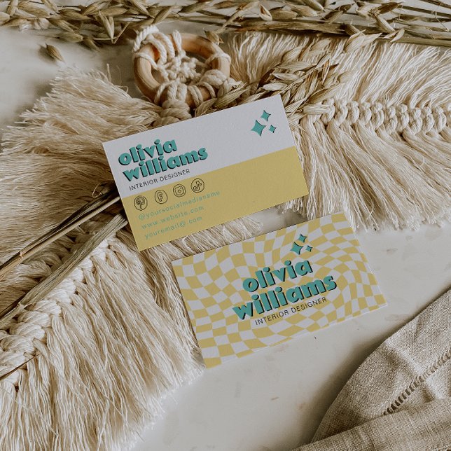 Retro Bold 70s Boho Groovy Checkered Funky Unique Business Card (Creator Uploaded)