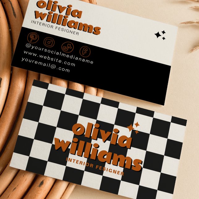 Retro Bold 70's Boho Groovy Chequered Funky Unique Business Card (Creator Uploaded)