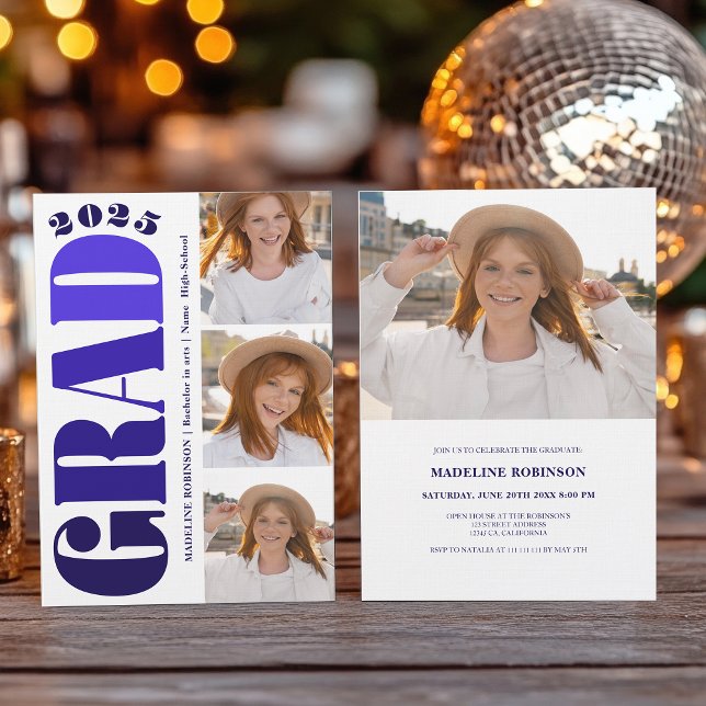 Retro Bold blue 2025 Graduation Party 4 Photo Invitation (Retro Bold blue 2025 Graduation Party 4 Photo Invitation)