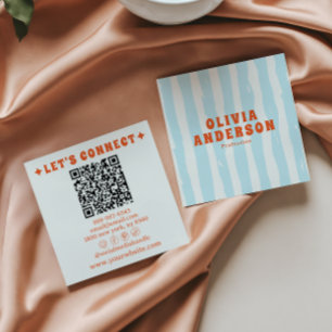 Retro Bold Blue  70s Boho Groovy Trendy QR Code Square Business Card