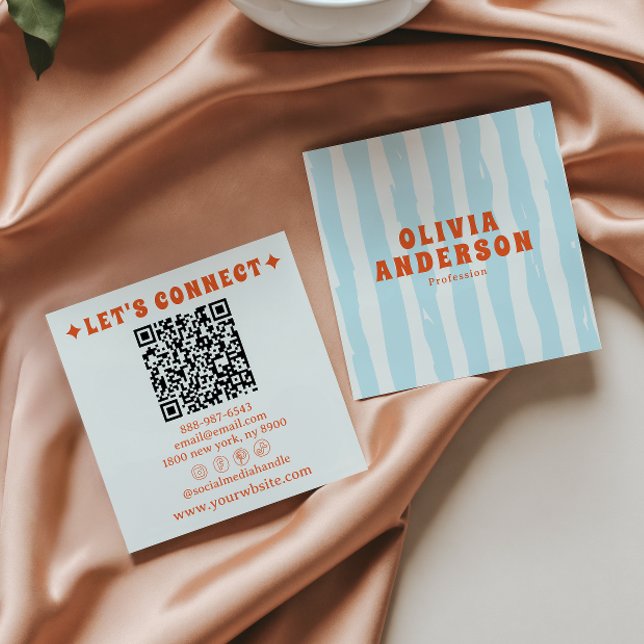 Retro Bold Blue  70s Boho Groovy Trendy QR Code Square Business Card (Creator Uploaded)