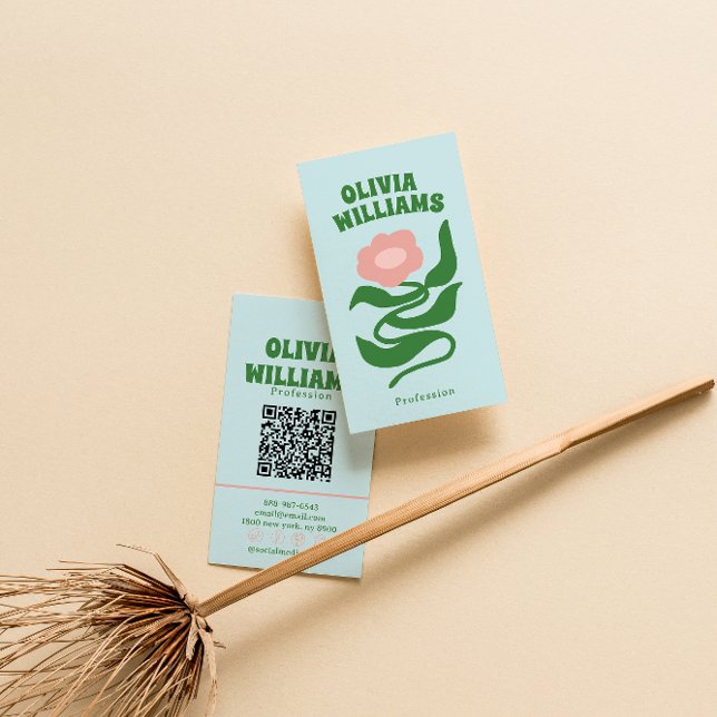 Retro Bold Boho QR Code Groovy Floral Trendy Business Card (Creator Uploaded)