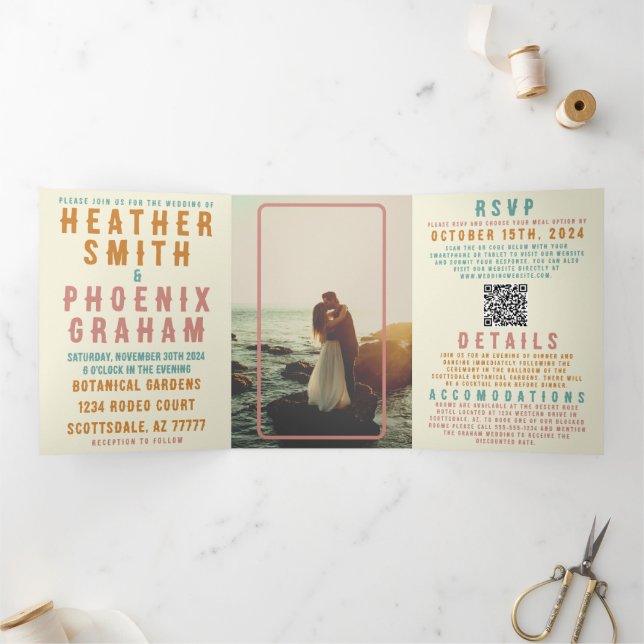 Retro Bold Bright QR Code Photo All in One Wedding Tri-Fold Invitation (Inside)