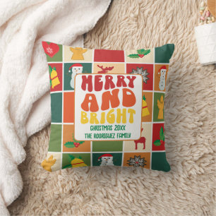 Retro Bold Colourful Family Name Christmas Holiday Cushion