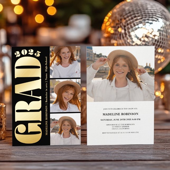 Retro Bold Gold 2025 Graduation Party 4 Photo (Retro Bold Gold 2025 Graduation Party 4 Photo Foil Invitation)