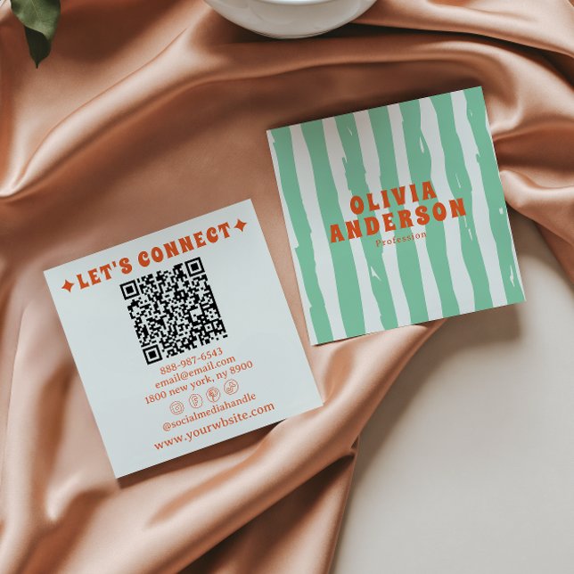 Retro Bold Green Boho Groovy Trendy Unique QR Code Square Business Card (Creator Uploaded)