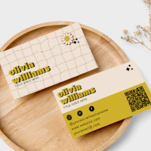 Retro Bold Green Flower QR Code Boho Groovy Business Card