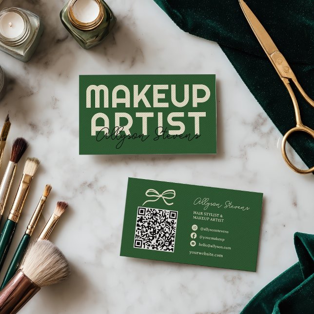 Retro Bold Green Makeup Artist QR Code Business Card (Retro Bold Green Makeup Artist QR Code Business Card)