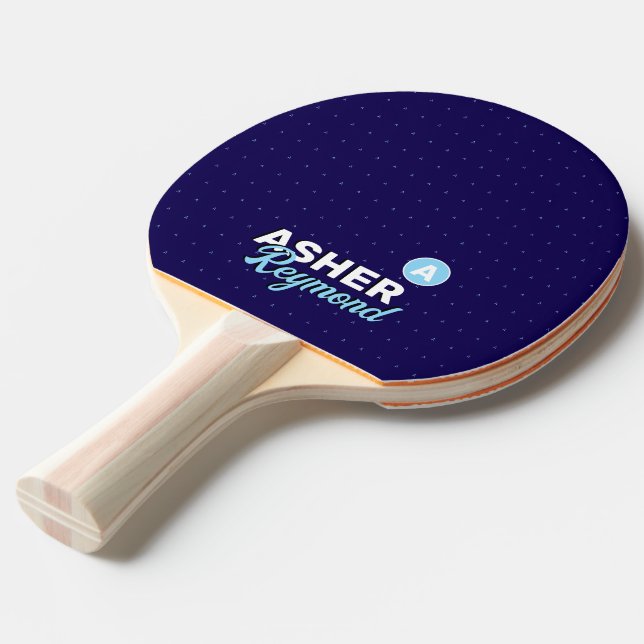 Retro Bold Name Initial Navy-Blue Ping Pong Paddle (Front Angle)