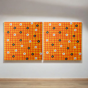 Retro Bold Orange Floral Grid Checkered Botanical Tile