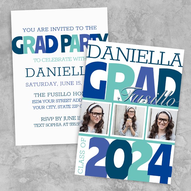Retro Bold Oversized 3 Photo Blue Teal Grad Party Invitation (Modern Teal Aqua Blue Retro Graduation Announcement Grad Party Invitation)