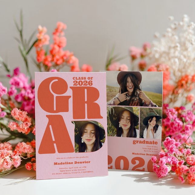 Retro bold oversized Grad 4 photo 2023 graduation Invitation (Retro bold oversized Grad 4 photo 2026 graduation Invitation)