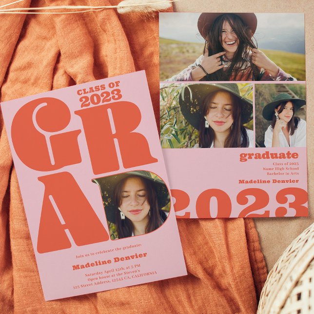 Retro bold oversized Grad 4 photo 2023 graduation Invitation (Creator Uploaded)