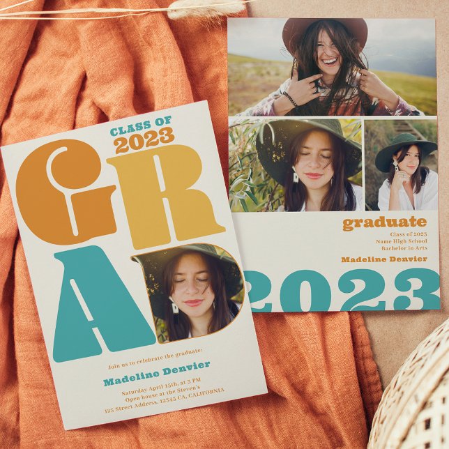 Retro bold oversized Grad 4 photo 2023 graduation Invitation (Creator Uploaded)