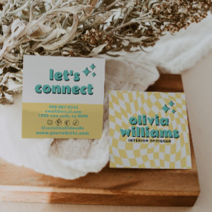 Retro Bold Pastel Groovy Checkered Boho Trendy Fun Square Business Card