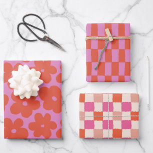 Retro Bold Pink and Orange Floral and Checks Wrapping Paper Sheet