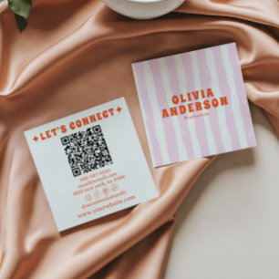 Retro Bold Pink Boho Groovy Trendy Girly QR Code Square Business Card