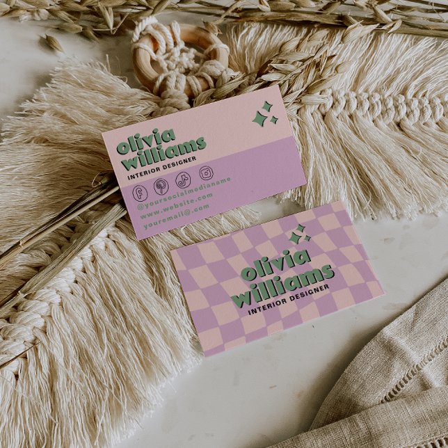 Retro Bold Pink Green Boho Groovy Checkered Unique Business Card (Creator Uploaded)
