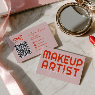 Retro Bold Pink Red Makeup Artist QR Code Business Card