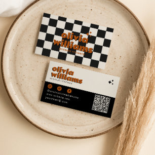 Retro Bold QR Code Boho Groovy Chequered Funky Business Card