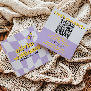 Retro Bold QR Code Groovy Checkered Boho Funky Square Business Card