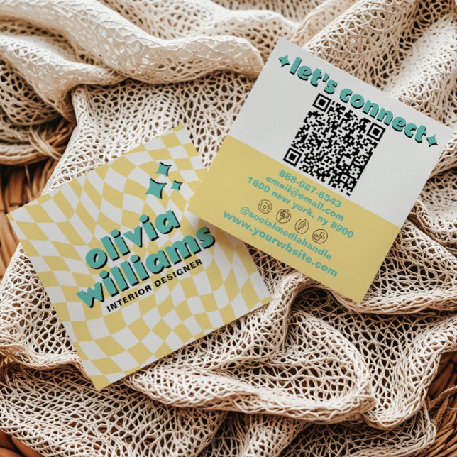 Retro Bold QR Code Groovy Checkered Boho Trendy Square Business Card (Creator Uploaded)