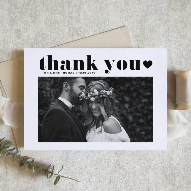 Retro Bold Typography Black Heart Photo Wedding Thank You Card (Creator Uploaded)