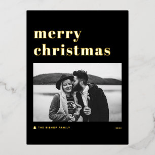 Retro Bold Typography Black Merry Christmas Photo Foil Holiday Postcard