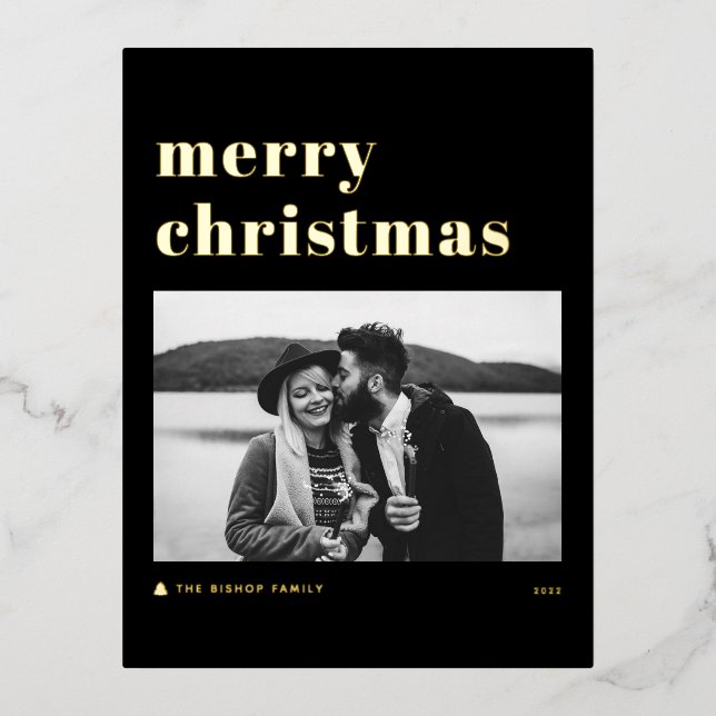 Retro Bold Typography Black Merry Christmas Photo Foil Holiday Postcard (Front)