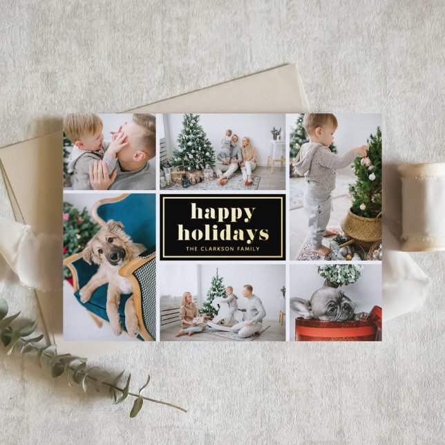 Retro Bold Typography Black Photo Collage (Customizable photo collage happy holidays card featuring retro typography in gold foil.)