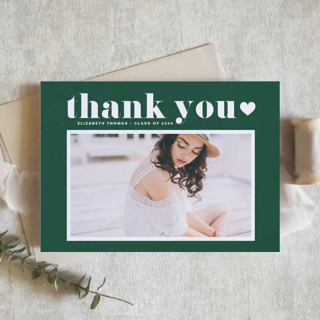 Retro Bold Typography Green Photo Graduation Thank You Card (Creator Uploaded)