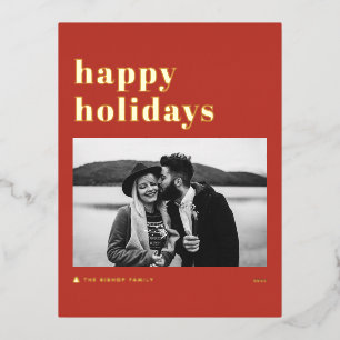 Retro Bold Typography Red Happy Holidays Photo Foil Holiday Postcard