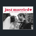 Retro Bold Typography Red Just Married Photo Postcard<br><div class="desc">Just Married! Announce your elopement or wedding with this just married postcard. It featuring red retro bold typography with a heart accent. Personalise by adding your names, wedding date, message and photos. This just married card is perfect for any wedding theme and season. It's available as a flat card, postcard...</div>