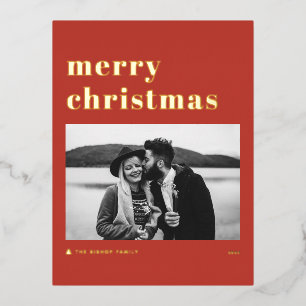 Retro Bold Typography Red Merry Christmas Photo Foil Holiday Postcard