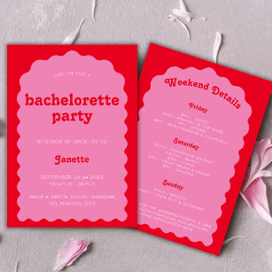 Retro Bold Wavy Pink And Red Bachelorette Weekend Invitation