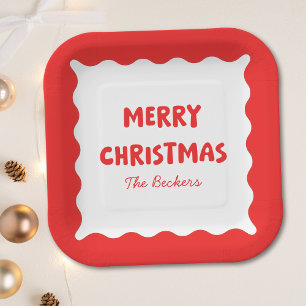 Retro Bold Wavy Red Fun Custom Merry Christmas Paper Plate