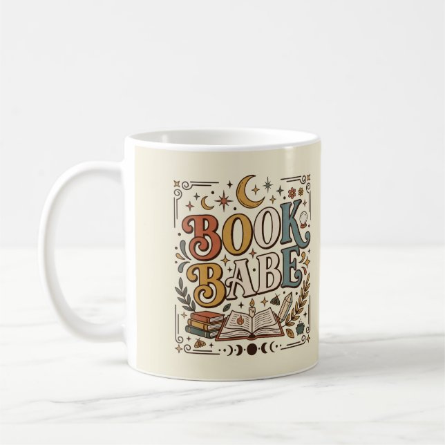 Retro Book Babe Mystical Celestial Witchy Bookish Coffee Mug (Left)