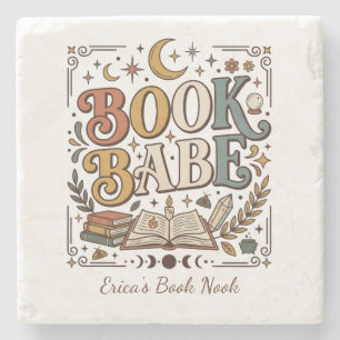 Retro Book Babe Mystical Celestial Witchy Bookish Stone Coaster