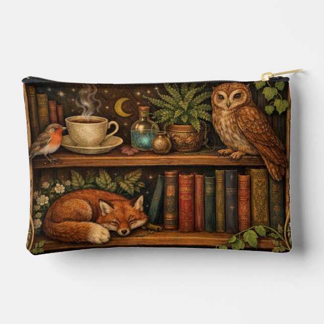 Retro book lover woodland animals accessory pouch (Back)