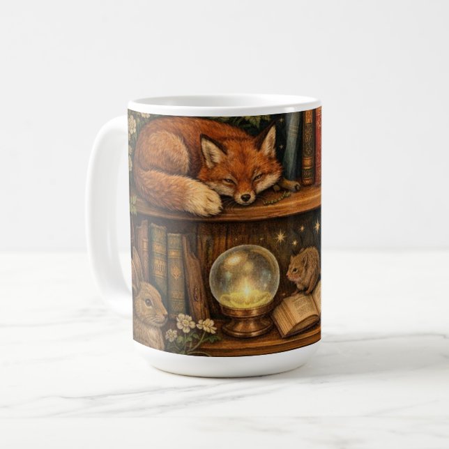 Retro book lover woodland animals coffee mug (Front Left)