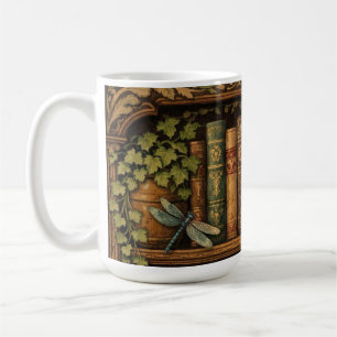 Retro book shelf dragonfly coffee floral mug