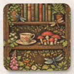 Retro book shelf mushrooms coffee floral  coaster<br><div class="desc">A cozy retro-inspired design featuring a charming bookshelf filled with vintage books,  delicate botanical accents,  dragonflies,  butterflies,  mushrooms and a comforting cup of tea or coffee.</div>